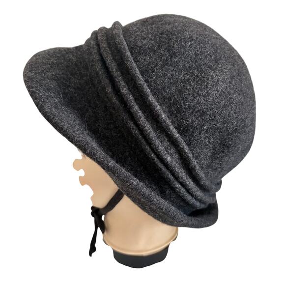 Adora Wool Banded Flapper Cloche Hat w/ Tie Brim Charcoal Grey Retro Coquette main image 8
